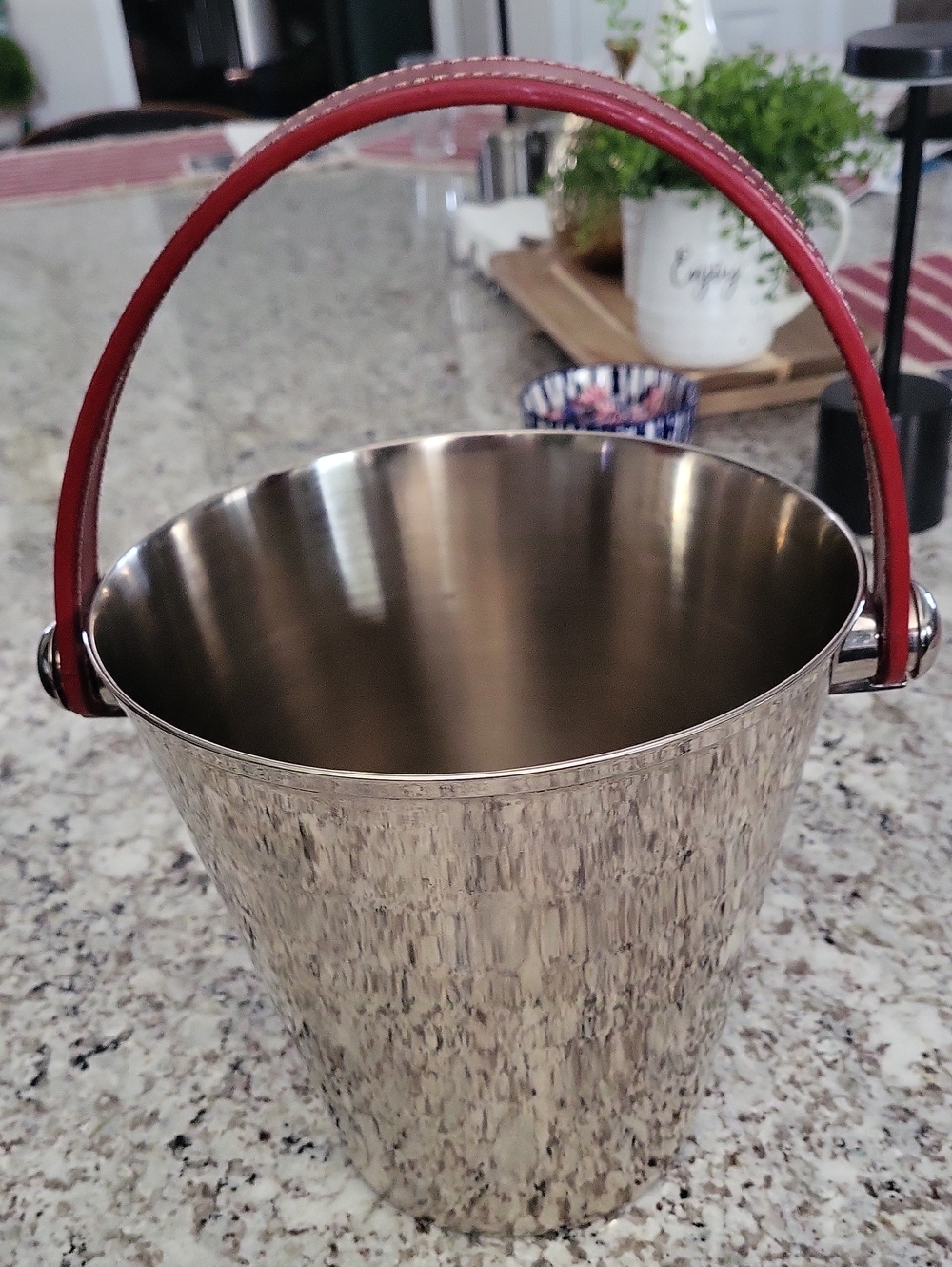 Crate&Barrel Stainless Steel Ice Bucket with Red Leather Handle